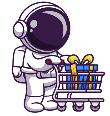 Astronaut with a shopping trolley and a present